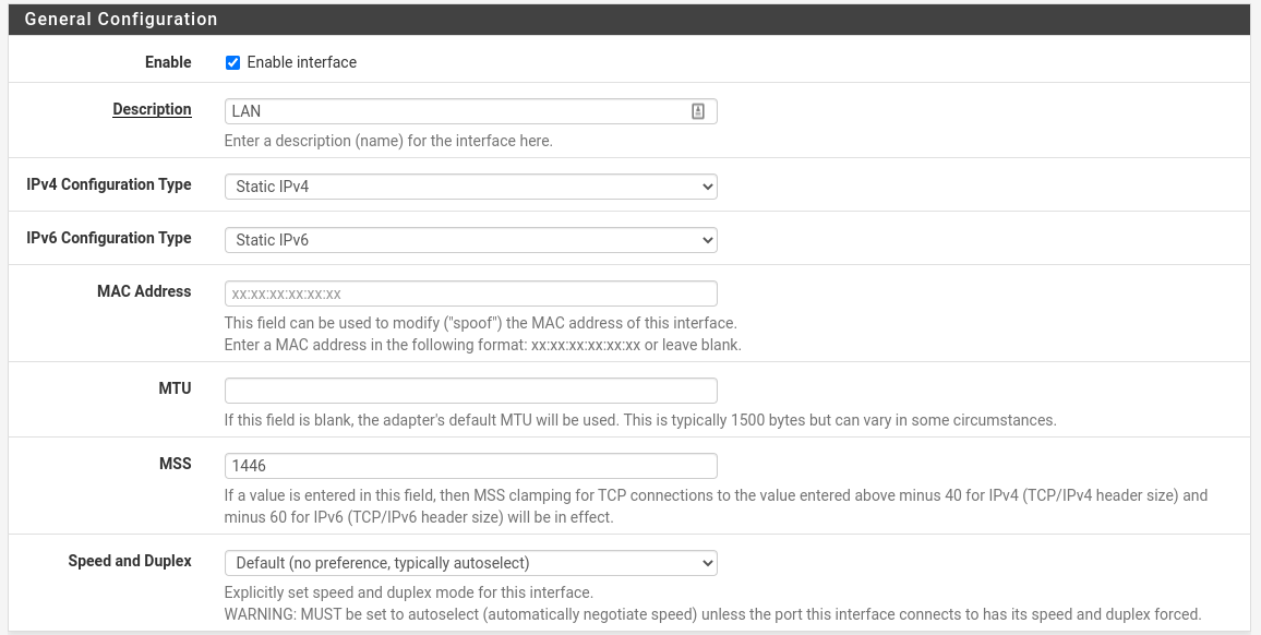 General configuration dialog for interface setup for a policy based configuration