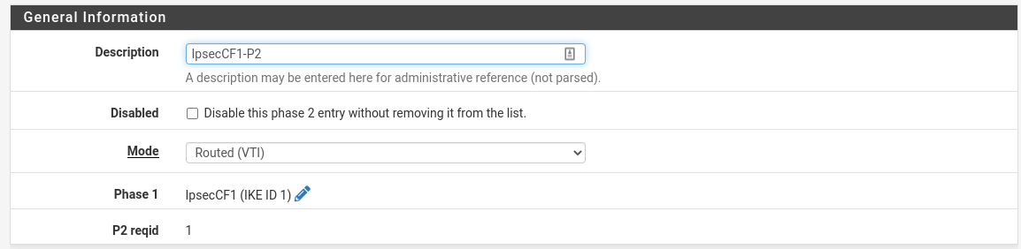 pfSense IPsec phase 2 general information for a route based configuration